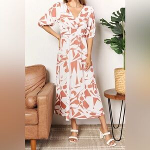 Camel Printed Surplice Balloon Sleeve Dress
